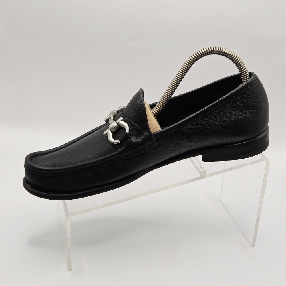 Salvatore Ferragamo Gancini Logo Leather Black Dress Loafers Mens Size 8D Shoes - Picture 5 of 16